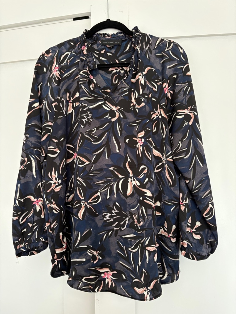 Joan Vass Navy Floral Ruffle V-Neck Blouse with Pink Accents